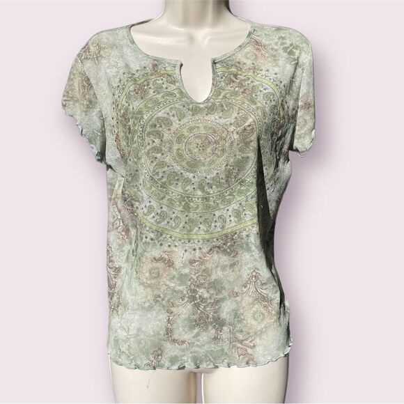 TeeCo Vintage Bohemian Green Blouse Size Large - Picture 1 of 4